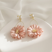 甜美粉色花朵气质适合出游海边旅游拍照的耳环，蚊香盘耳夹无耳洞女