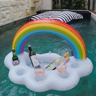 透明充气彩虹冰吧夏季泳池漂浮托盘水上派对饮料杯托餐盘浮盘用品