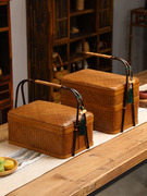 手工竹编提篮手提复古篮子，竹双层食盒月饼礼盒，便携茶道茶具收纳盒
