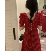 高个子女装170气质长裙法式气质轻熟小洋装泡泡袖红色波点连衣裙
