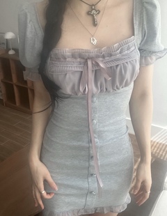 ㊣韩国23夏chic女人味泡泡袖雪纺花边系带连衣裙