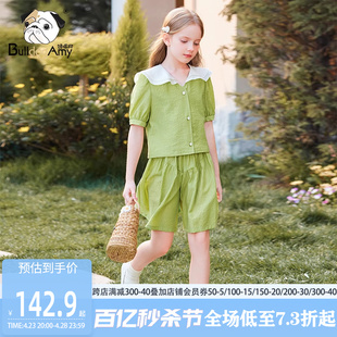 女童小清新套装2024夏季洋气儿童娃娃领T恤绿色小短裤两件套