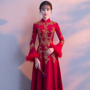 敬酒服新娘结婚2024春长袖，长款红色旗袍，中式中国风礼服女显瘦