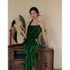 simpleretro绿竹幽径新中式，复古绿色丝绒连衣裙，女秋冬吊带a字裙