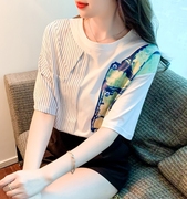 韩国条纹撞色雪纺上衣女夏季印花2024时尚减龄气质短袖t恤设