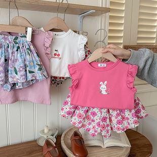 女童短袖裙裤套装24夏季儿童装，女宝宝蝴蝶，印花t恤休闲两件套6