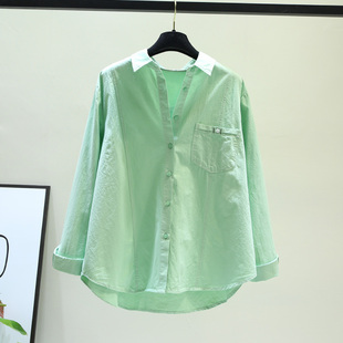 浅绿色拼接不对称长袖棉布，女衬衫2023春季韩范设计感休闲打底上衣