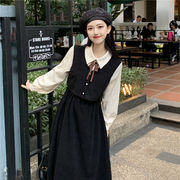 春秋季复古设计感拼接假两件连衣裙女韩版显瘦长袖中长茶歇裙子潮