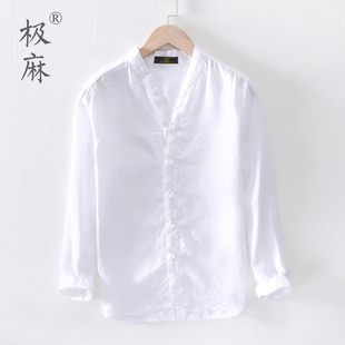 中国风盘扣亚麻衬衫男士休闲长袖白色立领薄款文艺宽松棉麻料衬衣