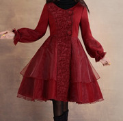 春秋冬修身复古欧根纱，蕾丝拼接毛呢，中长款大衣红裙摆外套红丹