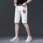 白色五分牛仔裤子夏季烫钻刺绣休闲弹力直筒品牌牛仔短裤子男