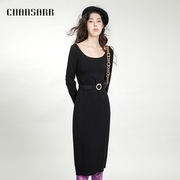 香莎CHANSARR 简约气质黑色圆领长袖连衣裙 优雅复古修身显瘦长裙