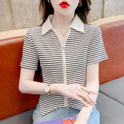 短袖女夏季韩版polo衫不规则短款t恤条纹显瘦打底拉链上衣潮