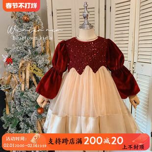 女童秋冬季连衣裙2023高级儿童加厚加绒新年红裙子洋气公主裙