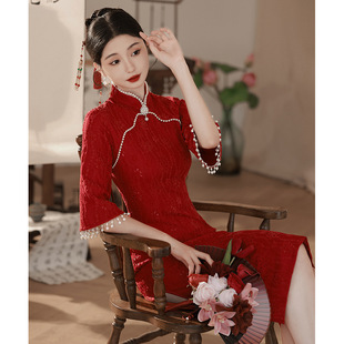 新中式旗袍敬酒服新娘红色2023订婚礼服长袖回门连衣裙秋冬季
