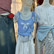 十三行女装2024夏款短袖针织衫套装韩系穿搭蝴蝶结，背心吊带两件套