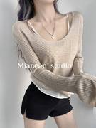MianCun假两件设计黑白拼色长袖修身针织衫女秋季打底上衣女