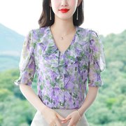 紫色法式荷叶边雪纺衫女夏季2024年洋气减龄上衣漂亮短袖小衫