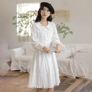日系甜美娃娃领白色连衣裙，女显瘦小个子初恋少女裙2023年秋季