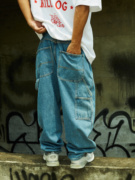 美式休闲多口袋工装裤深蓝黑色牛仔长裤嘻哈hiphop复古街头