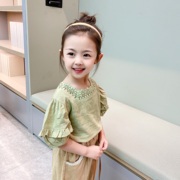 断码夏装3-8岁夏季女童绿色娃娃衬衫洋气时髦宝宝短袖上衣潮