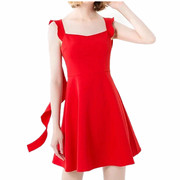 2024欧美女装红色荷叶边无袖连衣裙高腰显瘦A字裙生日宴会裙