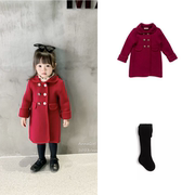 Annagirl 女童ins英伦羊毛呢子大衣中长款宝宝酒红色新年加厚外套