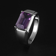 巴西天然紫水晶银戒指男925银镀金简约个性小众设计定制免费刻字