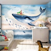儿童房壁纸北欧海洋云朵鲸鱼，男女孩卧室，背景墙壁画小清晰墙纸
