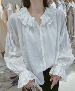BOLATU韩版气质娃娃领甜美设计感小众白色麻料舒适衬衫女