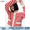 LILY2024春女装含绵羊毛复古条纹气质小香风红色针织开衫外套