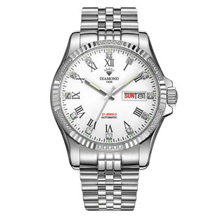 上海钻石牌手表，男自动机械表镶钻8010双历8011防水商务男式手表