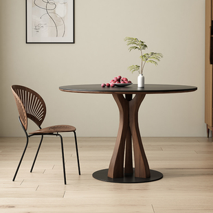 多塔黑胡桃色复古实木，圆形餐桌小户型简约纯黑德利丰岩板圆桌饭桌