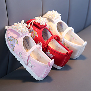 女童中国风演出布鞋，民族风白色绣花鞋，春季古装汉服鞋子宝宝舞蹈鞋