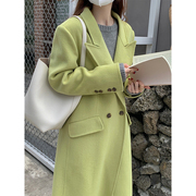 韩国高级感绿色羊毛毛呢外套，女中长款秋冬西装领通勤双面羊绒大衣