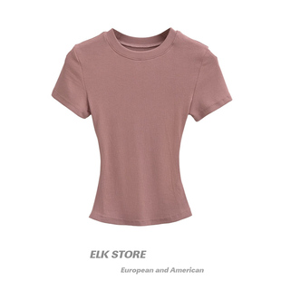skims卡戴珊同款螺纹紧身短袖，t恤女性感修身圆领，纯色弹力舒适上衣