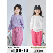 olamimi2022早春儿童，灰紫色刺绣标印花纯棉长袖t恤