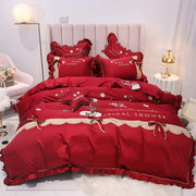 新婚庆(新婚庆)红色床品四件套，纯棉全棉结婚刺绣，喜被套蝴蝶.结简约床