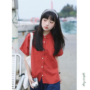 花吉b744樱桃红色显白纯棉日系翻领，短袖衬衫女2024夏学院(夏学院)衬衣