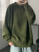 绿色慵懒风高级感毛衣男款，秋冬季加厚好看复古宽松圆领内搭针织衫