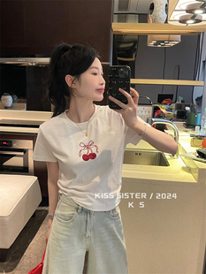 Kiss sister刺绣珠片樱桃短袖t恤女2024夏季洋气百搭正肩tee上衣