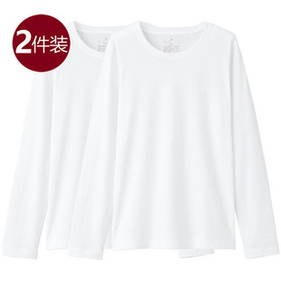 2件装日本良品圆领t恤女纯棉长袖2023年秋季白色不透打底上衣