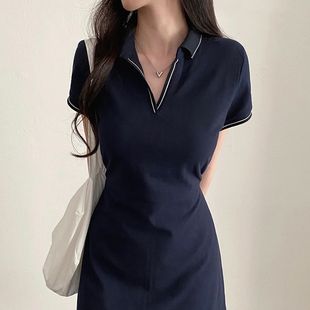 韩国chic夏季法式复古polo领撞色镶边收腰显瘦短袖a字型连衣裙女
