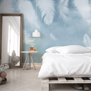 壁画蓝色羽毛清新艺术墙纸简约墙布手绘轻奢客厅电视背景墙壁纸