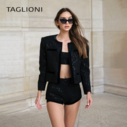 taglioni小香风气质2023女士，设计感拼接丝绒亮片短款外套上衣