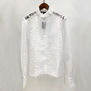 2024春夏女长袖蕾丝，立领衬衣宽松刺绣，白色衬衫透明镂空防晒衣