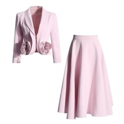 春夏樱花粉色修身小西装短外套+高腰大摆中长款半身裙两件套装女