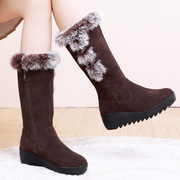 兔毛雪地靴2023年冬季女式中筒靴子加绒加厚牛皮棉靴坡跟女鞋