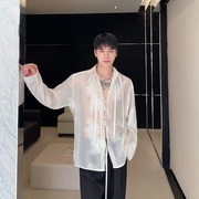 新中式男装春夏中国风衬衫透明翻领男女古风刺绣薄外套花衬衣个性