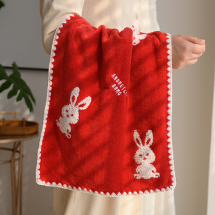 兔子珊瑚绒毛巾可爱情侣，柔软吸水不掉毛洗脸面巾家用结婚红色